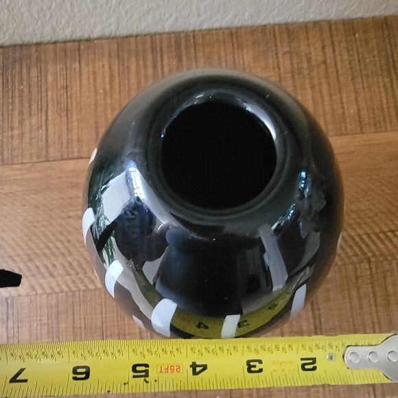 Vintage Black Art Glass Vase with White Dash Motif 10.5 Inch Modernist Design - Picture 6 of 10